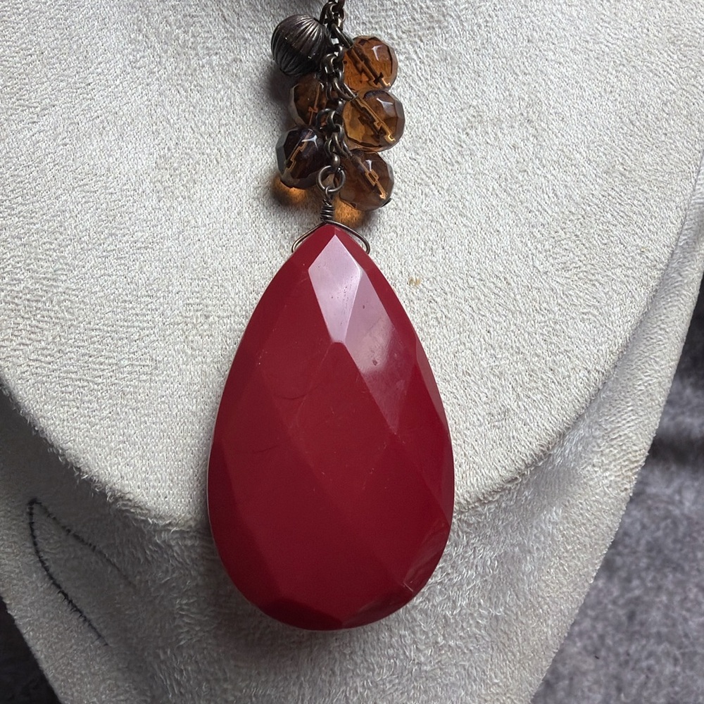 Bold Red Teardrop Necklace with Amber Accent Beads EB#1